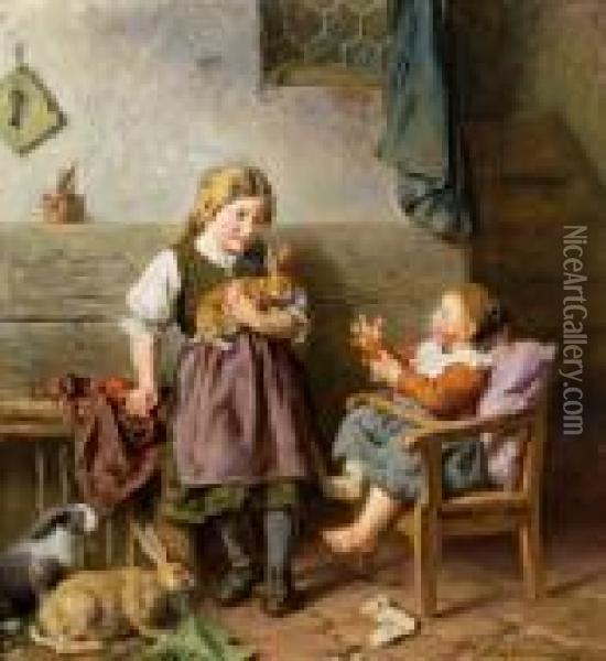 Kinder Mit Kaninchen Oil Painting - Felix Schlesinger
