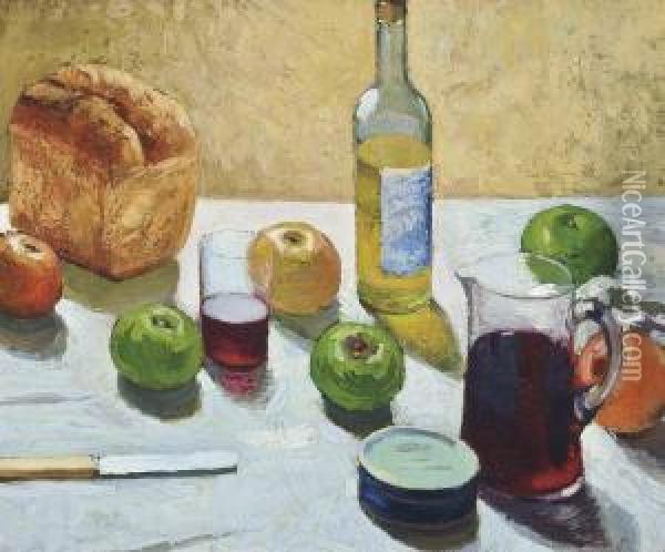 Still Life With Bread And Wine Oil Painting - Adolphe Pierre Valette
