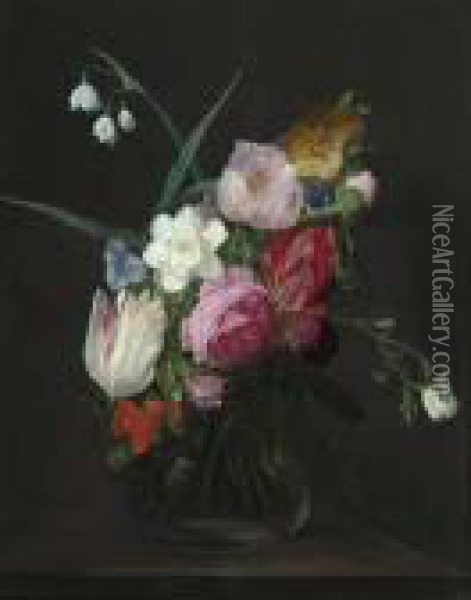 Flowers In A Glass Vase. Oil Painting - Jan Philip van Thielen