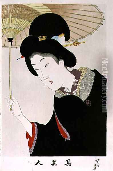 1973-22c Shin Bijin (True Beauties) depicting a woman with a parasol, from a series of 36, modelled on an earlier series Oil Painting - Toyohara Chikanobu