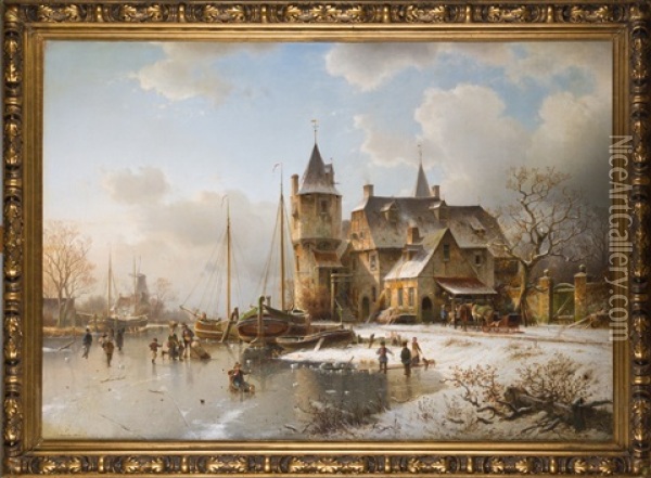 Eisvergnugen Vor Einer Mittelalterlichen Burg Oil Painting - Johannes Bartholomaeus Duntze