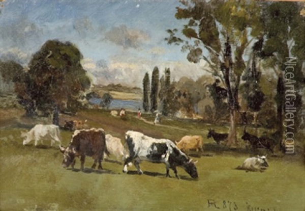 Weidende Kuhe In Einer Seelandschaft Oil Painting - Philipp Roeth