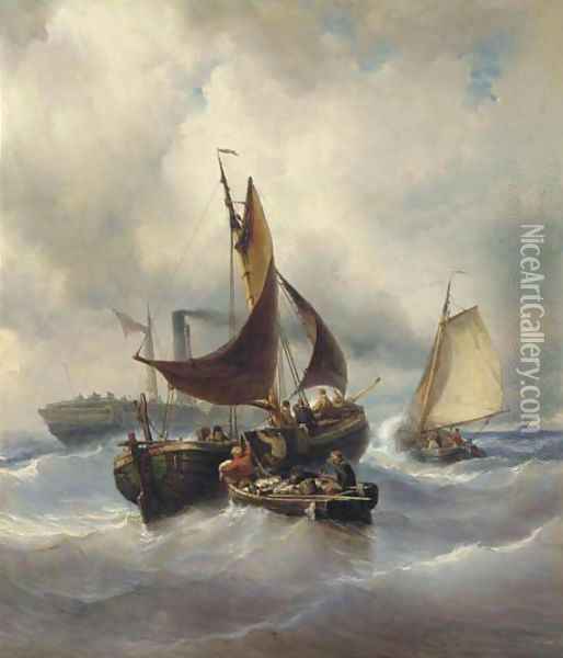 Unloading the catch in stormy weather Oil Painting - Louis Meijer