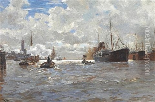 Shipping In Hamburg Harbor Oil Painting - Erwin Carl Wilhelm Guenther