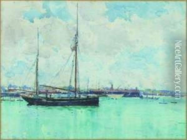 Scows Docking, Auckland Harbour Oil Painting - Alfred Wilson Walsh
