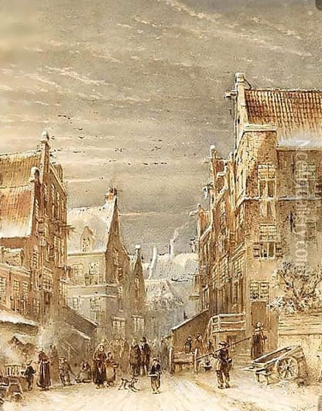 A Snowy Street In A Dutch Town Oil Painting - Pieter Gerard Vertin