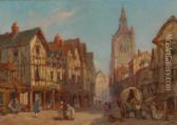 Continental Street Scene With Numerous Figures Oil Painting - James Holland