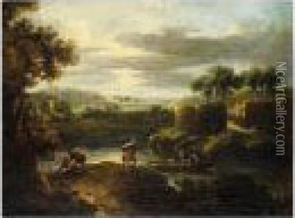 A River Landscape At Dusk, With Figures By A River Oil Painting - Alessio De Marchis