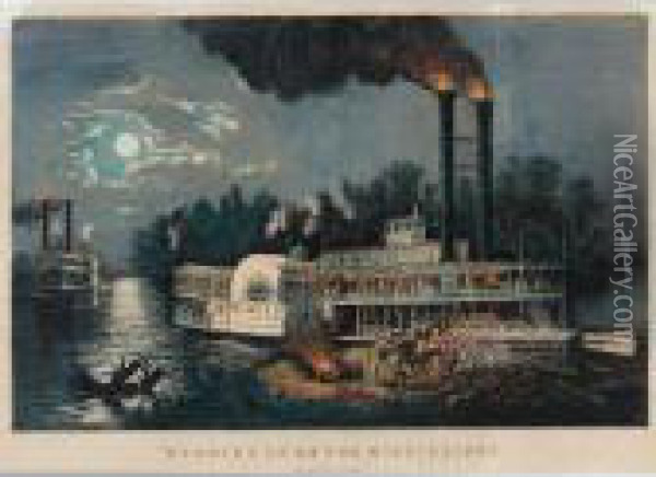 Wooding Up On The Mississippi (g. 7236; Not In Peters) Oil Painting - Currier & Ives Publishers