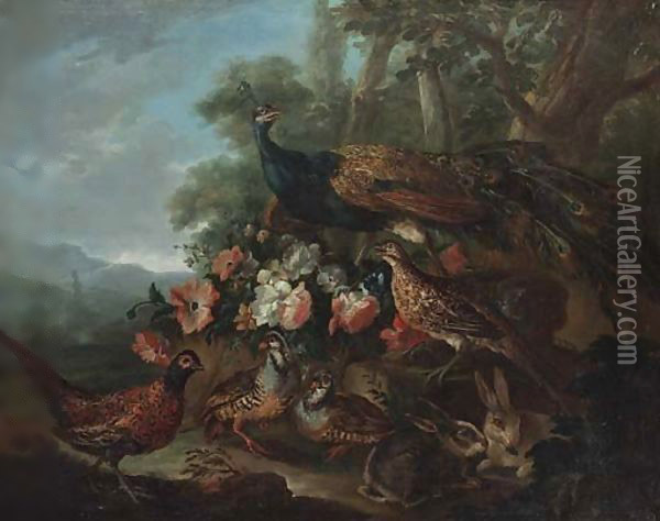 A peacock, pheasants and rabbits in a wooded park Oil Painting - Giovanni Crivelli, Il Crivellone