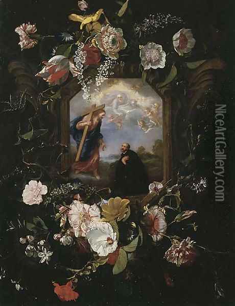 A floral garland surrounding a cartouche with the Vision of Saint Ignatius Loyola Oil Painting - Jan Anthonie Van Der Baren