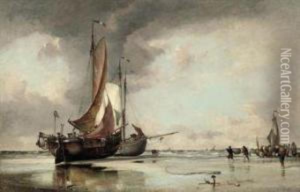 Dutch Pincks Beached On The 
Shore At Scheveningen With Fishermen Unloading The Day's Catch Oil Painting - Edward William Cooke