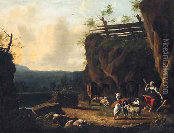 A shepherd and his family on a river bank Oil Painting - Dutch School