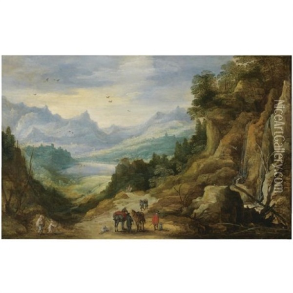 A Distant Mountainous Landscape With Cavaliers Oil Painting - Jan Brueghel the Elder
