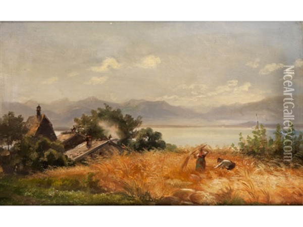 Getreideernte Am Starnberger See Mit Bauernhausern Oil Painting - Robert (August Rudolf) Schietzold