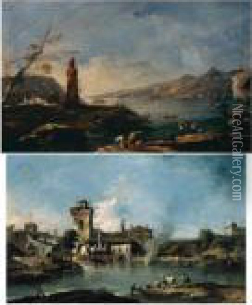 A Capriccio Landscape With A 
Rustic Village And Medieval Tower, A Fire In The Middle-ground, And A 
Herder Driving Cattle Towards A River; A Capriccio Landscape With A 
Rustic Tower By A Lake, Figures Loading Their Wares On A Boat In The 
Foreground Oil Painting - Francesco Guardi
