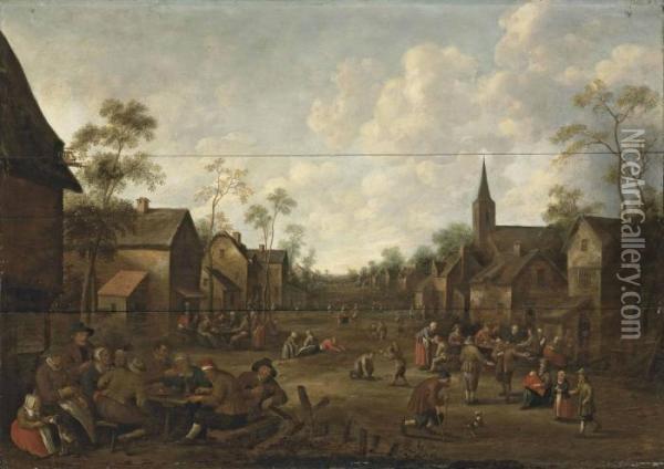 A Village Feast With Figures Outside An Inn And Others Playing Games Oil Painting - Joost Cornelisz. Droochsloot