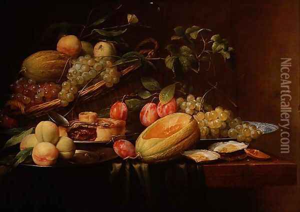 Still Life of Fruit, Oysters and a Pie Oil Painting - Joris Van Son