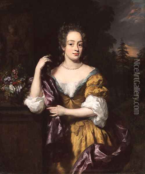 Portrait of a lady, three-quarter-length, in a brown dress and a purple mantle ,beside a pedestal in a landscape Oil Painting - Nicolaes Maes