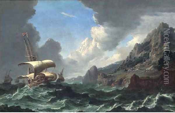 Dutch shipping in choppy waters with a rocky coastal landscape and mountains beyond Oil Painting - Bonaventura, the Elder Peeters