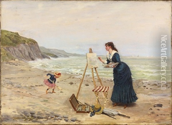 Beach Scene With Woman Painting At An Easel While A Child Is Playing Oil Painting - Gustave Leonhard de Jonghe