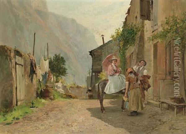 Dame A Dos De Mulet Discutant Avec Deux Paysans Oil Painting - Francois Adolphe Grison