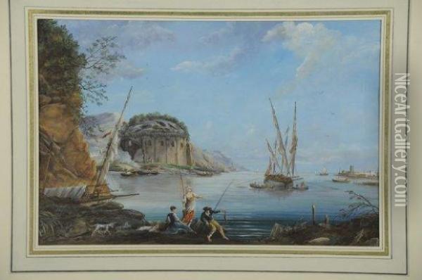 Pecheurs Au Bord De La Mer Pres D'une Rotonde En Ruines. Oil Painting - Alexandre-Jean Noel