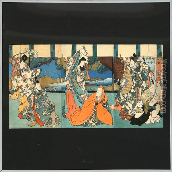 Triptykon Woodblock Prints With Kabuki Actors On Stage Oil Painting - Chimpei Ii Hiroshigesuzuki