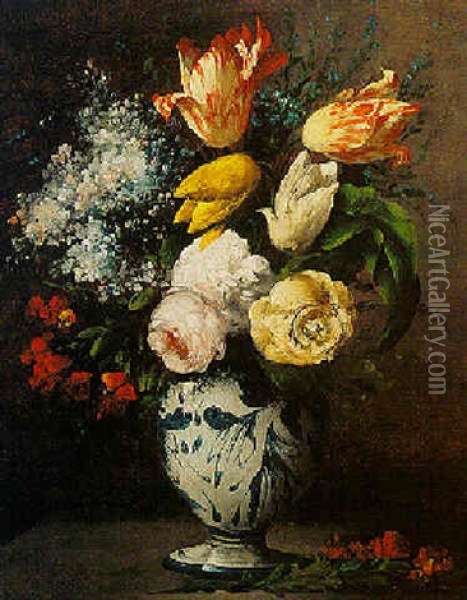 Tulips, Peonies And Other Flowers In A Porcelain Vase Oil Painting - Germain Theodore Ribot