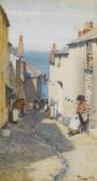 A Newlyn Street Scene Oil Painting - William Langley