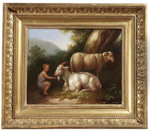 A Shepherd Boy With Goat And Sheep In A Summery Landscape Oil Painting - Jacob Philipp Hackert