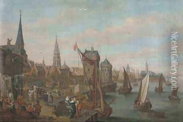 A view of Antwerp with elegant company on a quay Oil Painting - Joseph van Bredael
