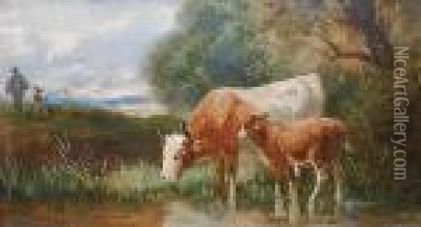 Kuh Und Kalb Am Wasser Oil Painting - Hermann Baisch