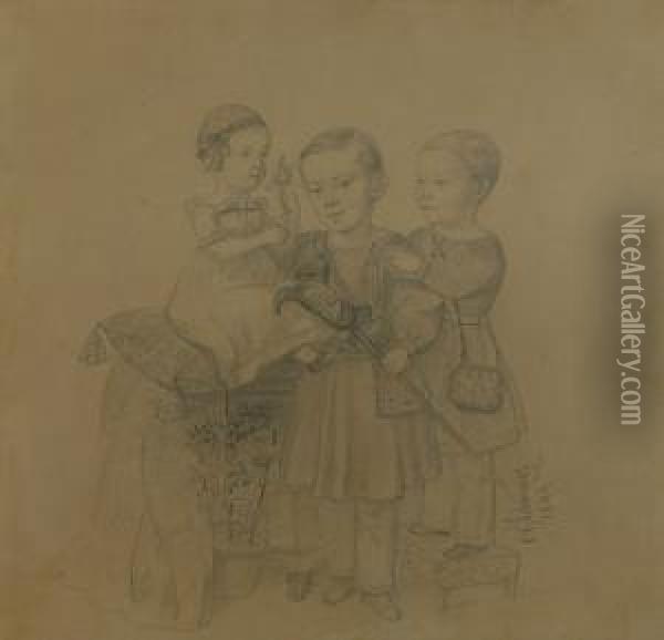 Drei Kinder Mit Spielzeug
 Im Zentrum Knabe Mit Steckenpferd, Neben Ihm Oil Painting - Otto Gottlieb Schwarz