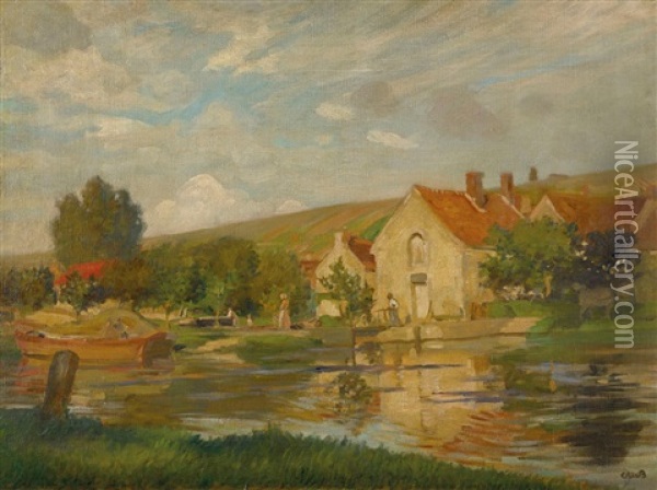 Canal Lock (burgundy) Oil Painting - Rupert Bunny