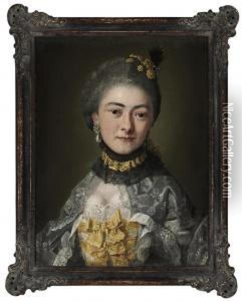 Portrait Of A Lady, Bust-length, In A Grey Dress With Yellow Trim,and Pearl Earrings Oil Painting - Georg Desmares