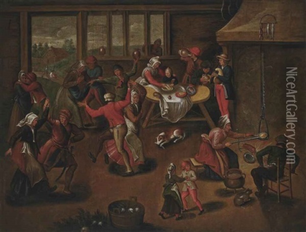 Peasants Feasting In An Interior Oil Painting - Marten van Cleve the Elder
