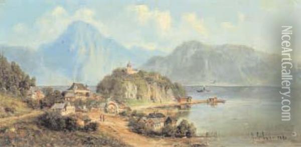 Veduta Di Paese Su Lago Oil Painting - Ercole Calvi