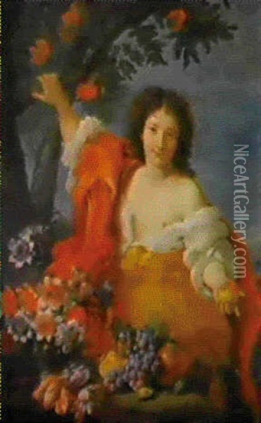 Natura Morta Di Fiori E Frutta Con Figura Femminile Oil Painting - Abraham Brueghel