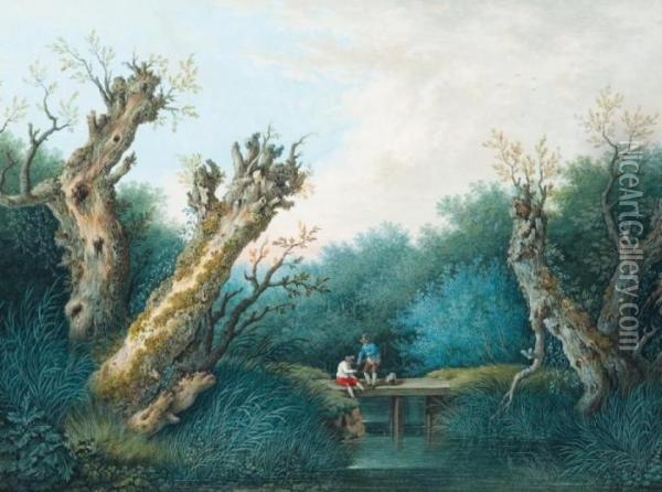 Deux Pecheurs A La Ligne Sur Un Pont Oil Painting - Jacob Philipp Hackert