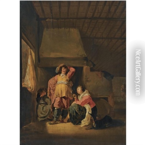 An Interior Scene With A Officer And A Seated Woman Smoking A Pipe Oil Painting - Maerten Stoop