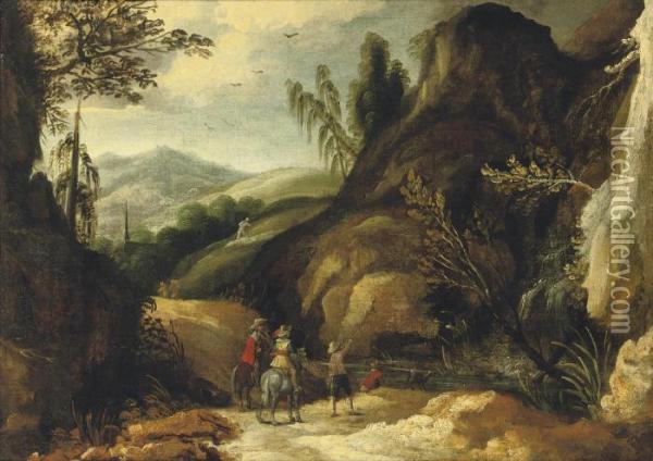 A Mountainous River Landscape With A Hunting Party Near A Waterfall Oil Painting - Joos De Momper