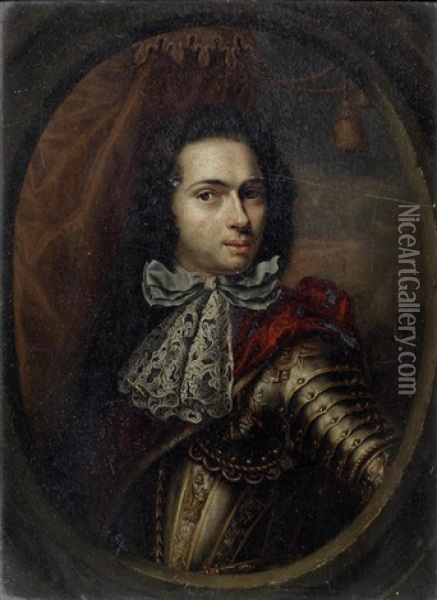Portrait Of A Gentleman, Half-length, In Armour, Within A Painted Oval Oil Painting - Pieter Leermans