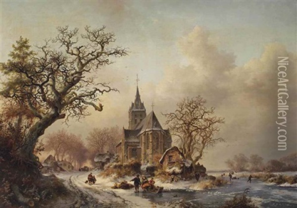 A Winter Landscape With Activities Around A Village Oil Painting - Frederik Marinus Kruseman