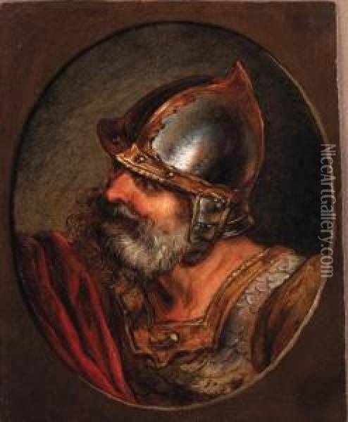 Head Of A Roman Soldier, In A Painted Oval
Signed And Dated 'p.de Loutherbourg.pinx 1769.' Oil Painting - Loutherbourg, Philippe de