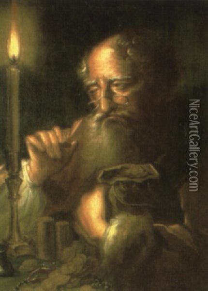 Miser Counting Coins By Candlelight Oil Painting - Johann (Jan) Kupetzki