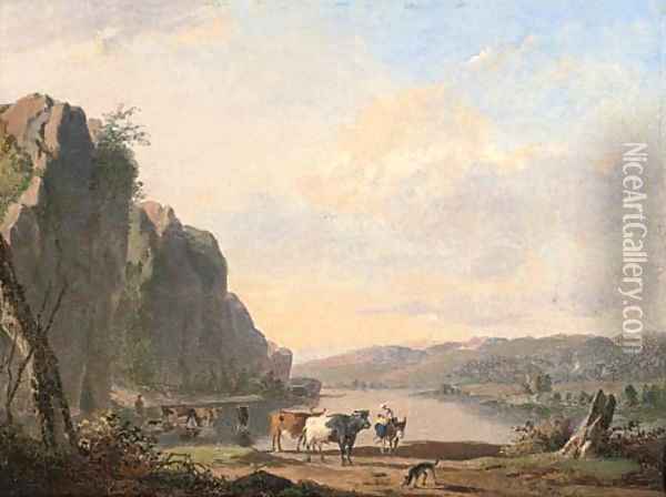 A mountainous landscape with cattle watering by a river Oil Painting - Jan Baptiste de Jonghe