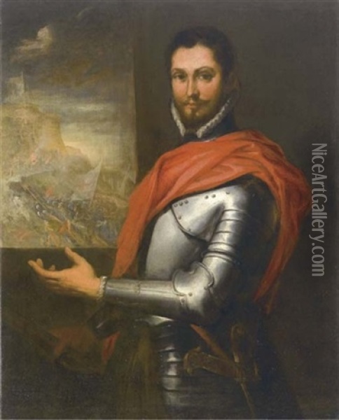 Ritratto Di Condottiero Con Una Battaglia Sullo Sfondo Oil Painting - Jacopo Palma il Giovane