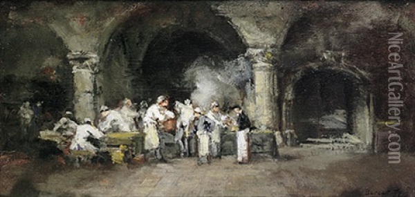 Zahlreiche Personen In Einer Kuche In Grosem Gewolbekeller Oil Painting - Denis Pierre Bergeret