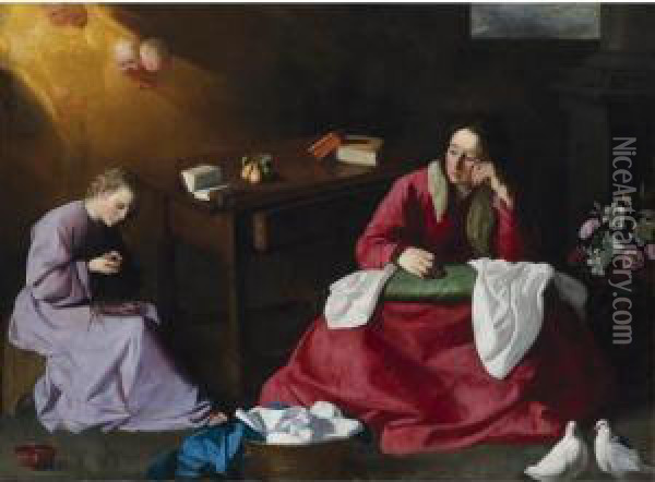 Christ And The Virgin In The House Of Nazareth Oil Painting - Francisco De Zurbaran